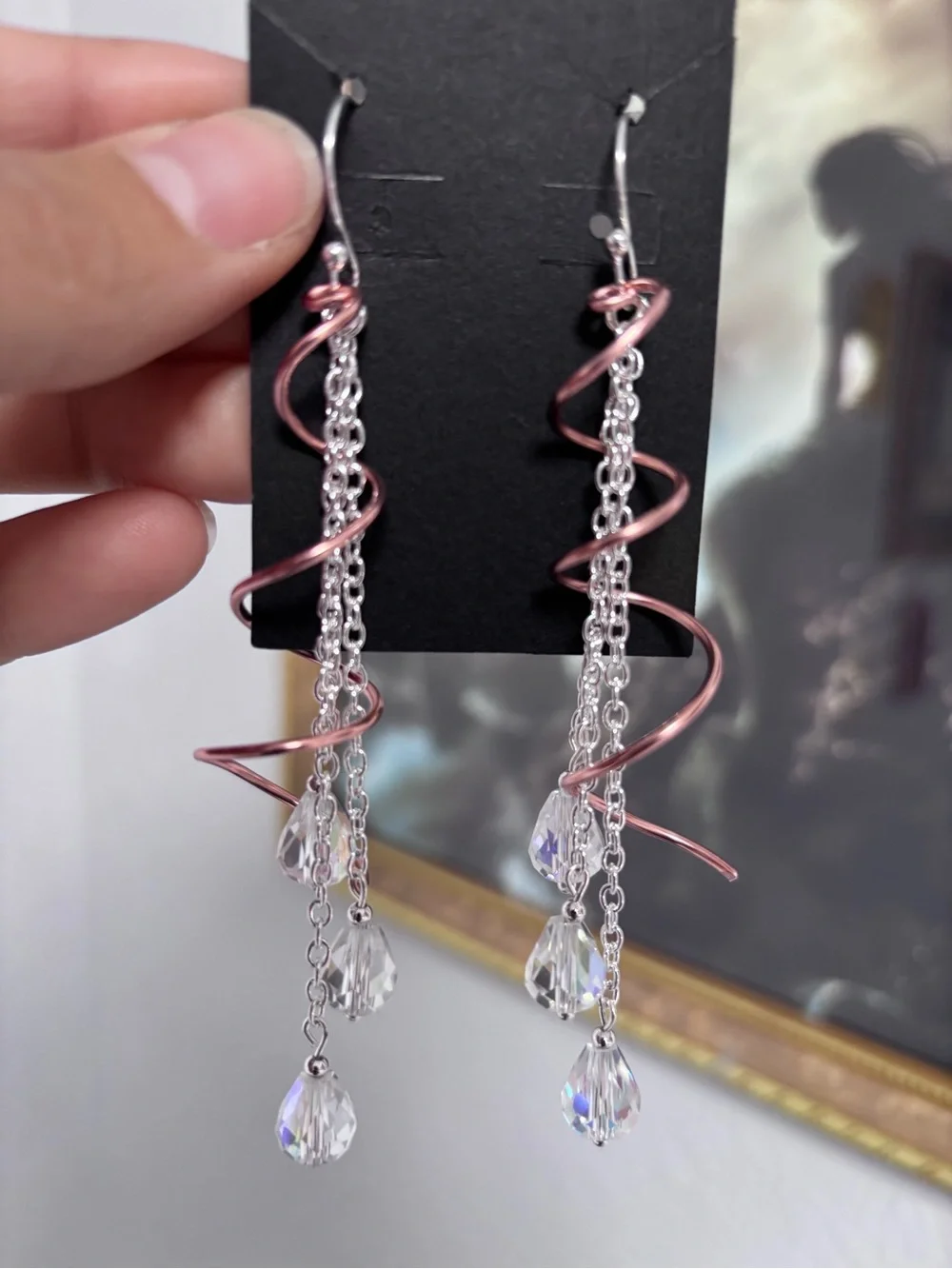 Spiral Drop Earrings with chain Accent and AB Crystal Teardrops
